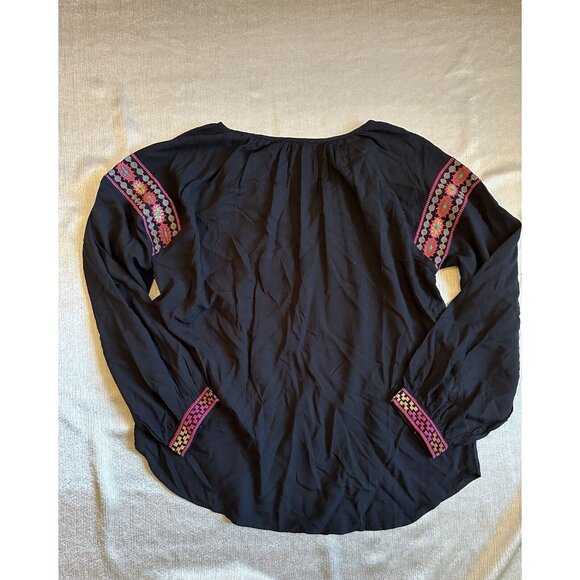 Solitaire Folklore Embroidered Peasant Blouse Small Black Tunic Top Boho Trendy - Picture 7 of 7